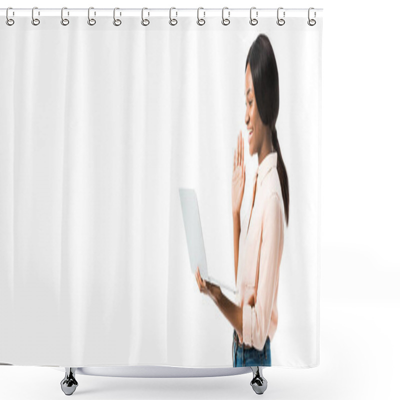 Personality  Panoramic Shot Of African American Woman In Shirt Holding Laptop And Talking In Video Chat Isolated On White  Shower Curtains