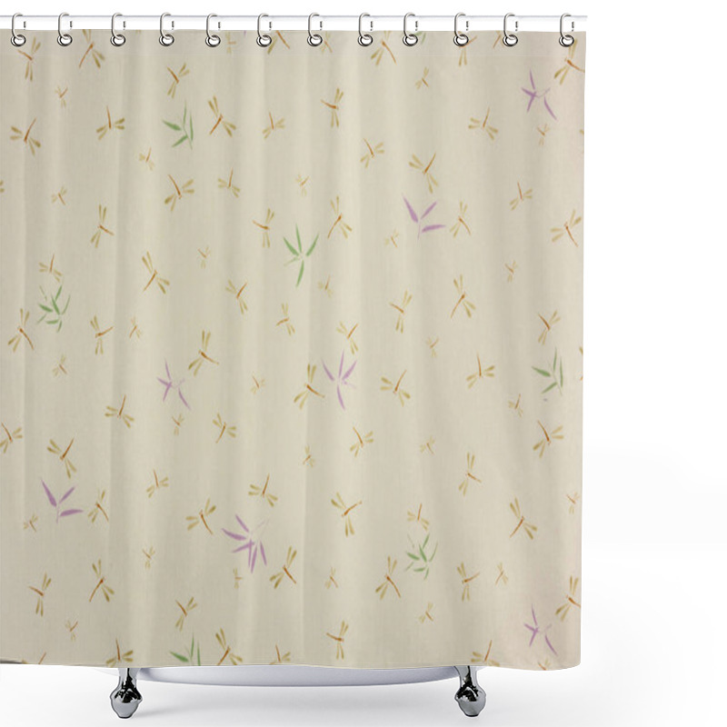 Personality  Close Up On A High Detailed Photograph Of A Japanese Furoshiki Cloth With A Pattern Design Illustrated By Odonata Dragonflies And Damselflies Insects And Broad-leaf Bamboo Or Sasa Bamboo Leaves. Shower Curtains