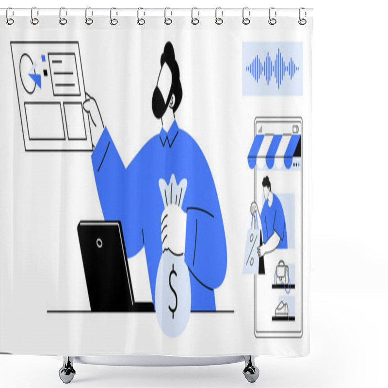 Personality  Businessman Holding Money Bag, Examining Data On A Screen, Engaged In Online Shopping Via Mobile App. Ideal For Finance, Analytics, E-commerce, Business Management, Online Transactions, Digital Shower Curtains