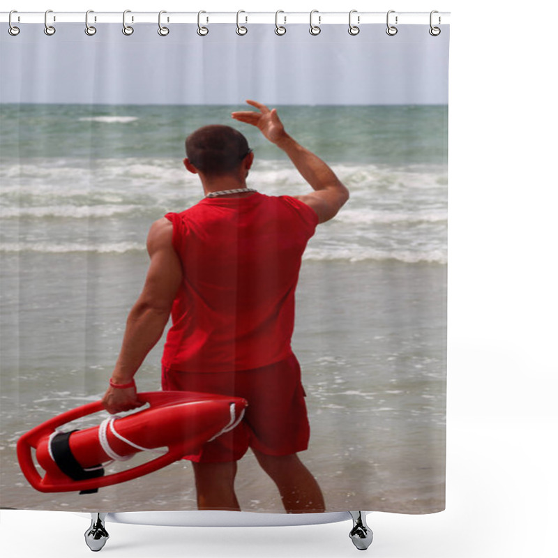 Personality  Lifeguard On The Shore Of The Sea In The Beach Of Tourist Resort Shower Curtains