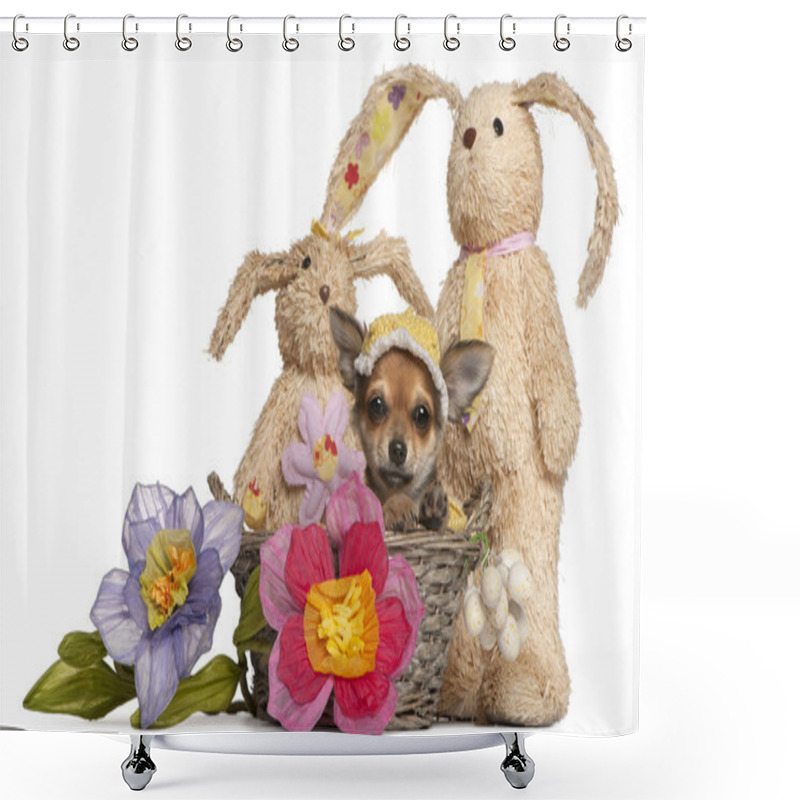 Personality  Chihuahua Puppy In Easter Basket With Flowers And Stuffed Animal Shower Curtains