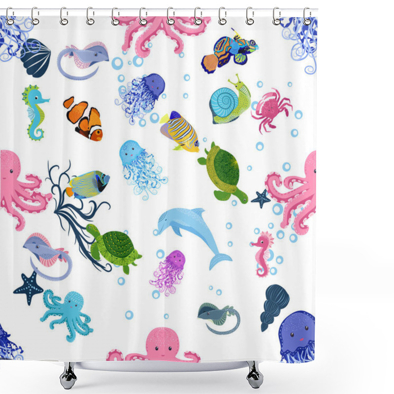 Personality  Marine Life, Fish, Animals Bright Seamless Pattern. Sea Travel, Underwater Diving Animal Tropical Fish. Jellyfish, Whale, Shark, Seahorse, Clown Fish, Dolphin, Turtle Emperor Fish Octopus Stingray Shower Curtains