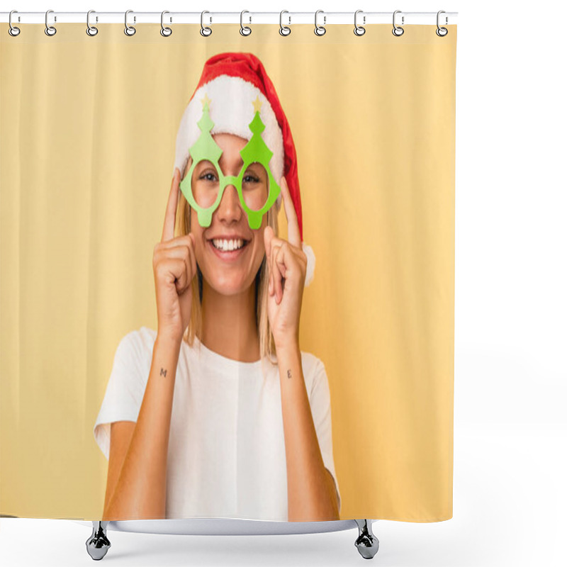 Personality  Young Caucasian Woman Holding A Christmas Props Isolated On Yellow Background Shower Curtains