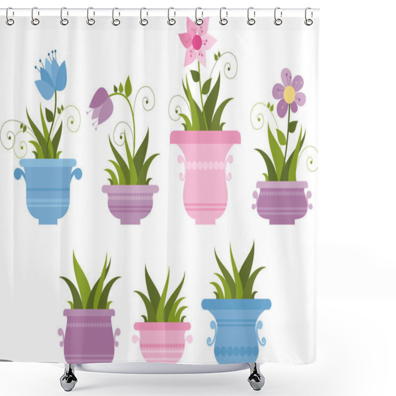 Personality  Set Of Pot Plants With Flowers And Leaves Shower Curtains