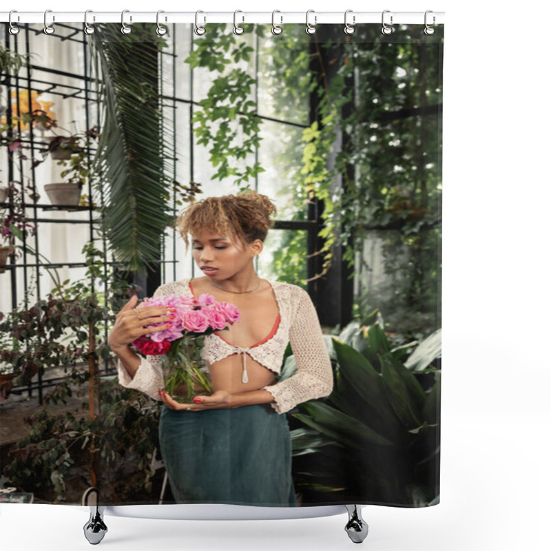 Personality  Trendy Young African American Woman In Knitted Top Holding Vase With Roses And Standing Near Blurred Plants In Garden Center At Background, Trendy Woman With Tropical Flair, Summer Concept Shower Curtains