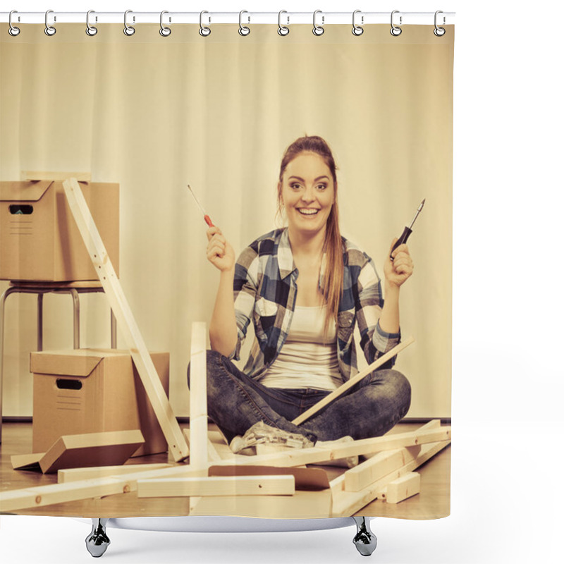 Personality  Young Girl Arranging Interior Shower Curtains