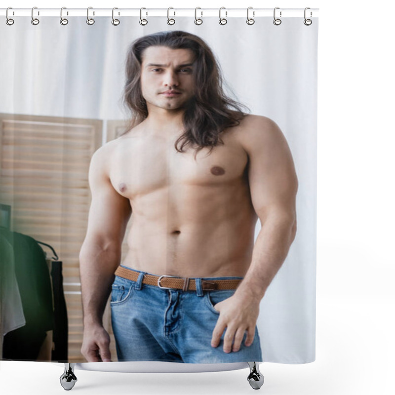 Personality  Shirtless Man With Long Hair Standing In Denim Jeans And Looking At Camera  Shower Curtains