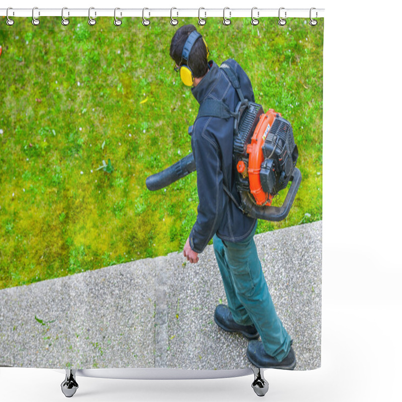 Personality  Gardener Using A Gas Blower In A Park Shower Curtains