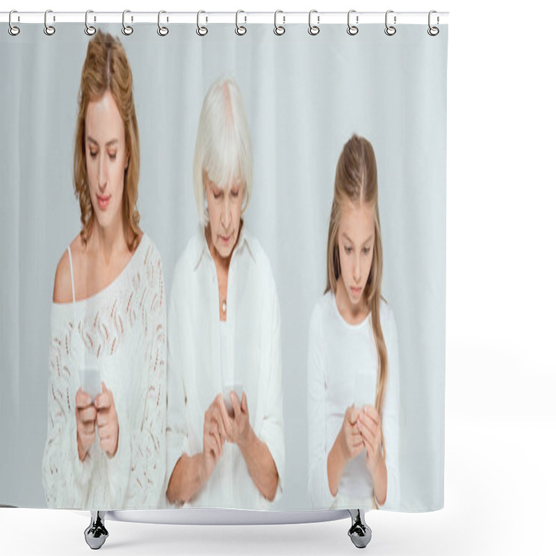 Personality  Panoramic Shot Of Granddaughter, Mother And Grandmother Using Smartphones Isolated On Grey  Shower Curtains