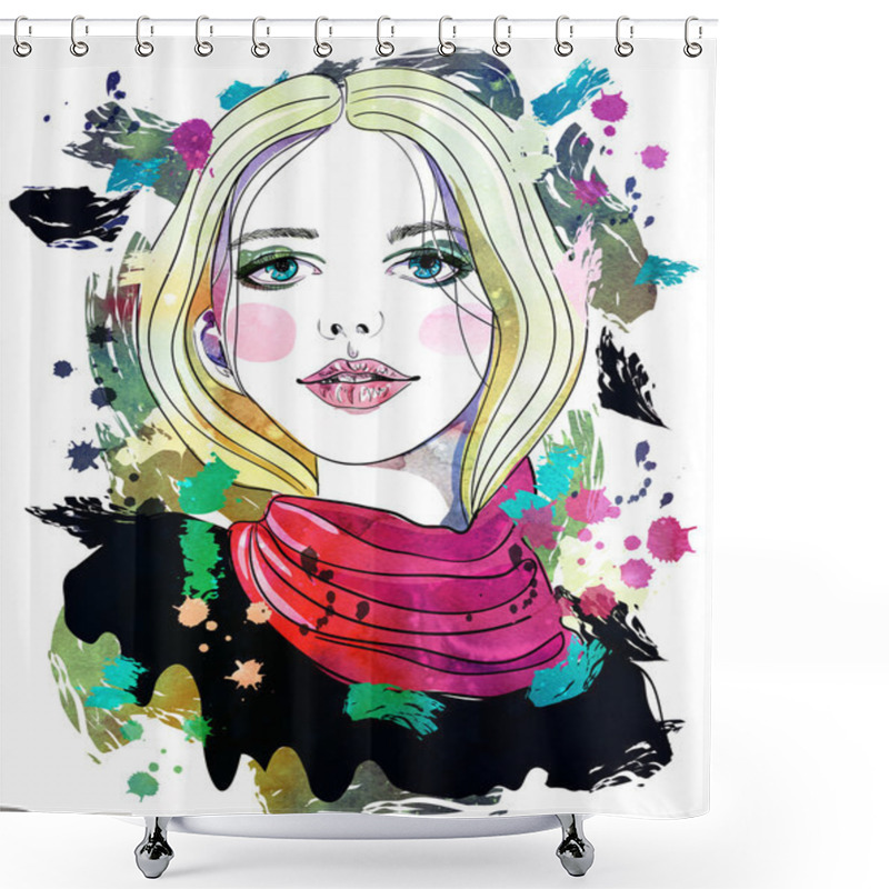 Personality  Portrait Of Beautiful Girl With Blonde Hair On Abstract Background. Fashion Watercolor Textured Illustration. Print For T-shirt Shower Curtains