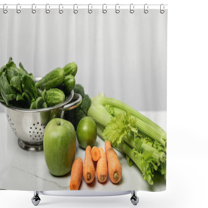 Personality  Sweet Carrots Near Ripe Apple And Green Vegetables On Grey  Shower Curtains