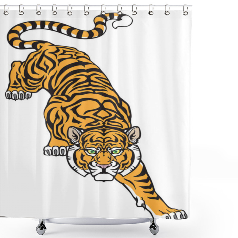 Personality  Tiger Climbing Down And Big Cat Eyes Looking Straight. Isolated Front View Image. Tattoo Style Vector Illustration Shower Curtains