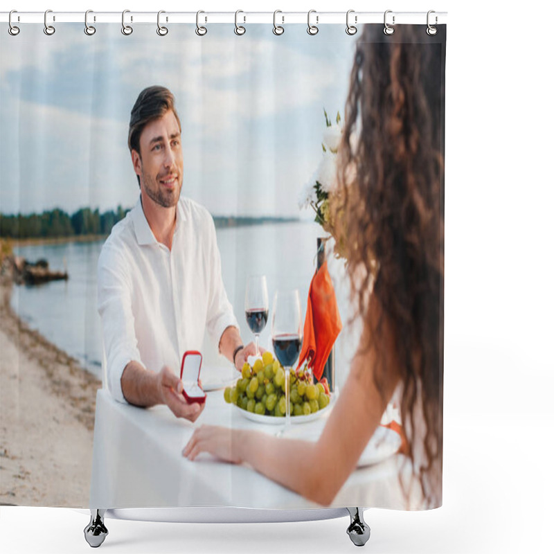 Personality  Smiling Boyfriend Making Propose With Ring To Girlfriend In Romantic Date Outdoors Shower Curtains