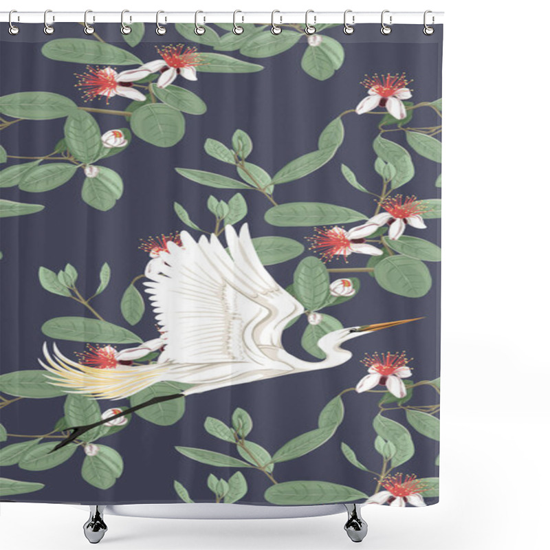 Personality  Pattern, Background With With Feijoa Flowers With Herons. Vector Illustration.  On Dark Blue Background.  Shower Curtains