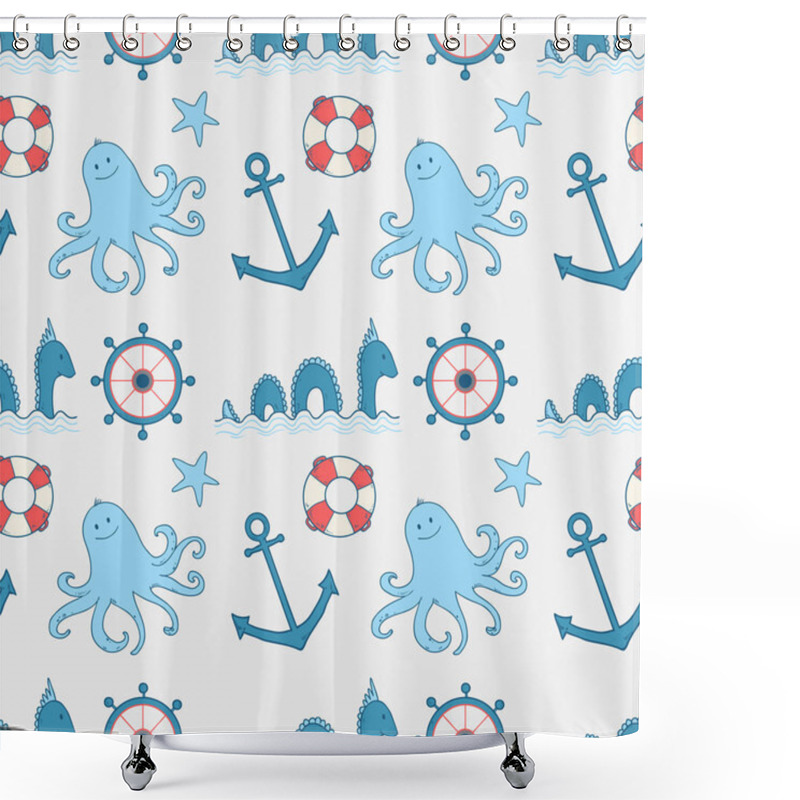 Personality  Seamless Pattern With Funny Sea Creatures Shower Curtains