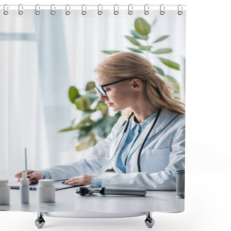 Personality  Attractive Doctor In Glasses Writing Diagnosis In Clinic  Shower Curtains