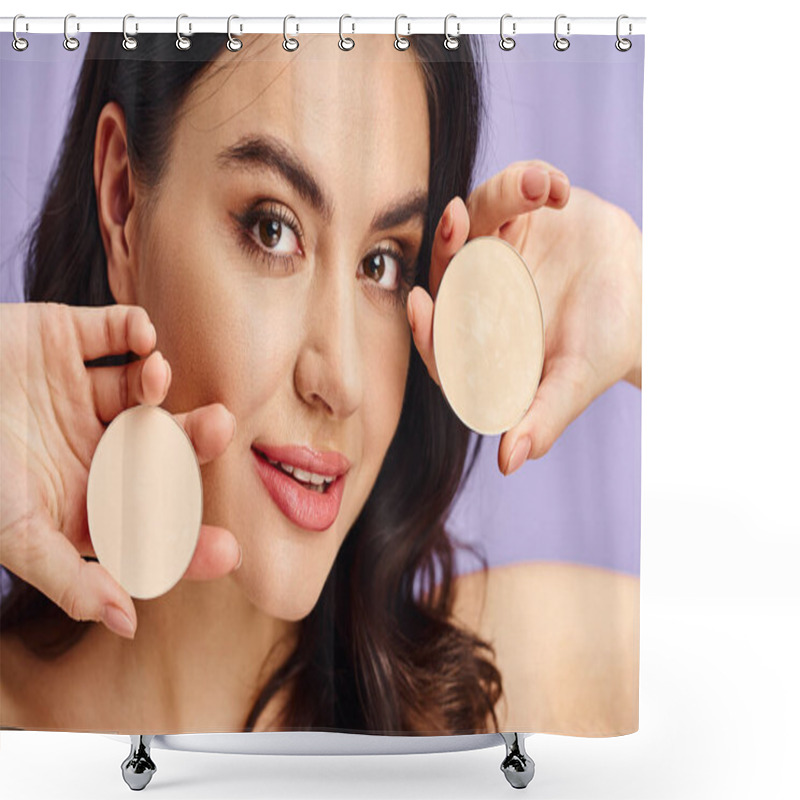 Personality  A Woman Holding A Cream In Front Of Her Face, Applying Makeup. Shower Curtains