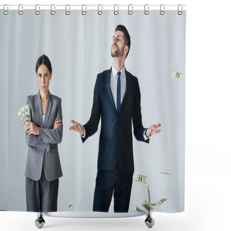 Personality  Attractive Businesswoman Holding Dollars Near Arrogant Businessman Standing On White Shower Curtains