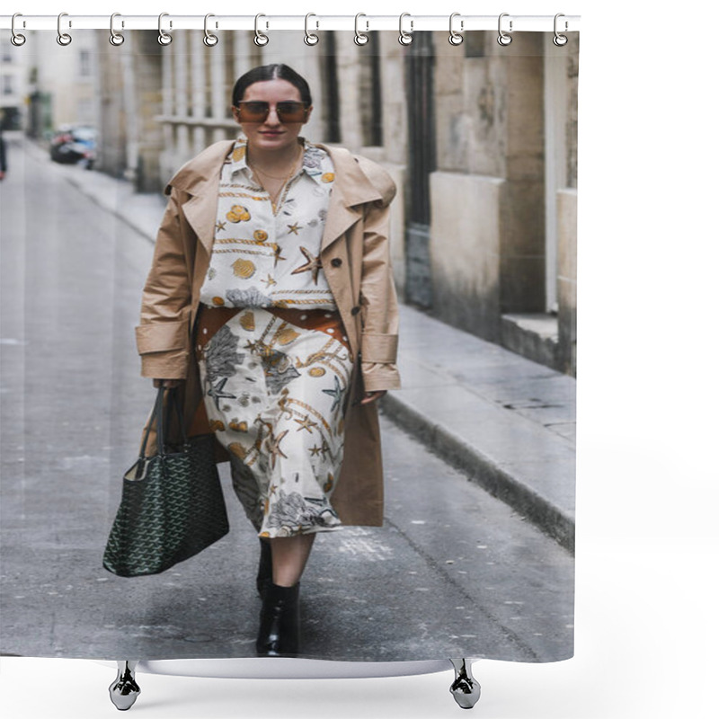 Personality  Paris, France - March 03, 2019: Street Style Outfit -   After A Fashion Show During Paris Fashion Week - PFWFW19 Shower Curtains