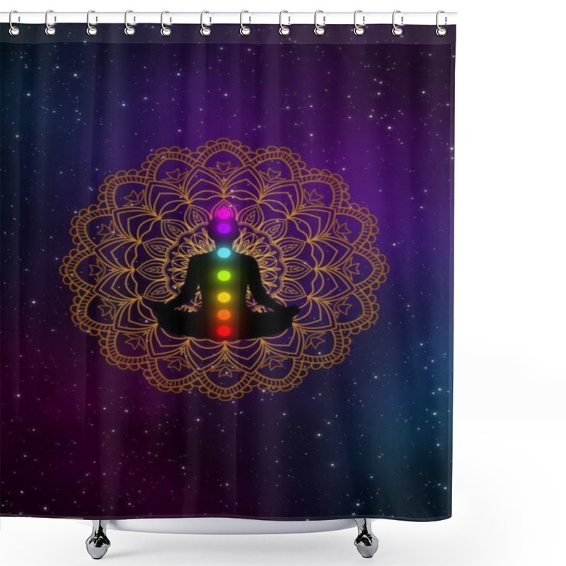 Personality  Abstract Meditation Man With Chakras And Golden Mandala In The Galaxy Illustration Design Background. Shower Curtains