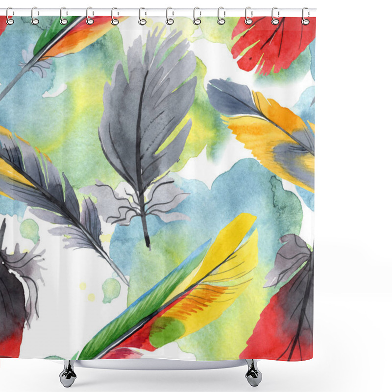 Personality  Colorful Bird Feather From Wing Isolated. Watercolour Drawing Fashion Aquarelle. Fabric Wallpaper Print Texture. Shower Curtains