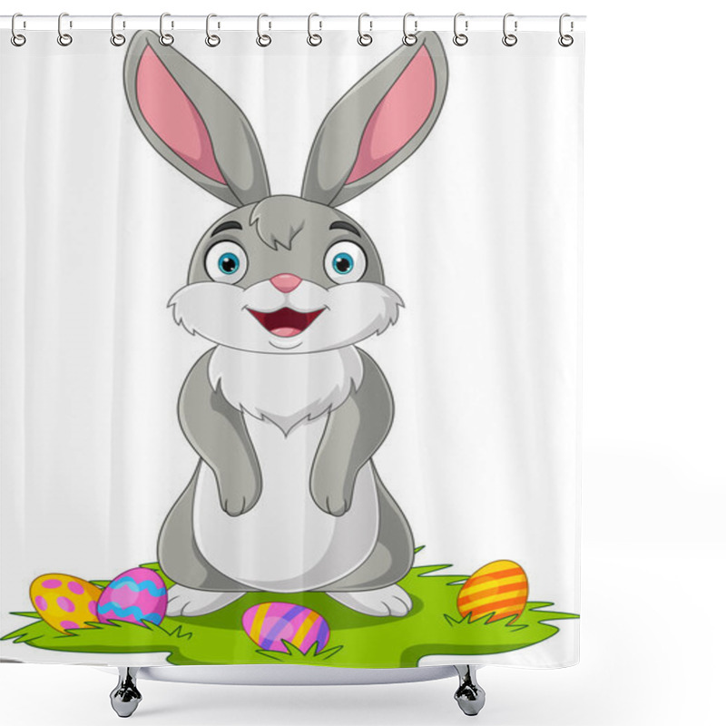 Personality  Vector Illustration Of Cute Little Bunny With Easter Egg In The Grass Shower Curtains