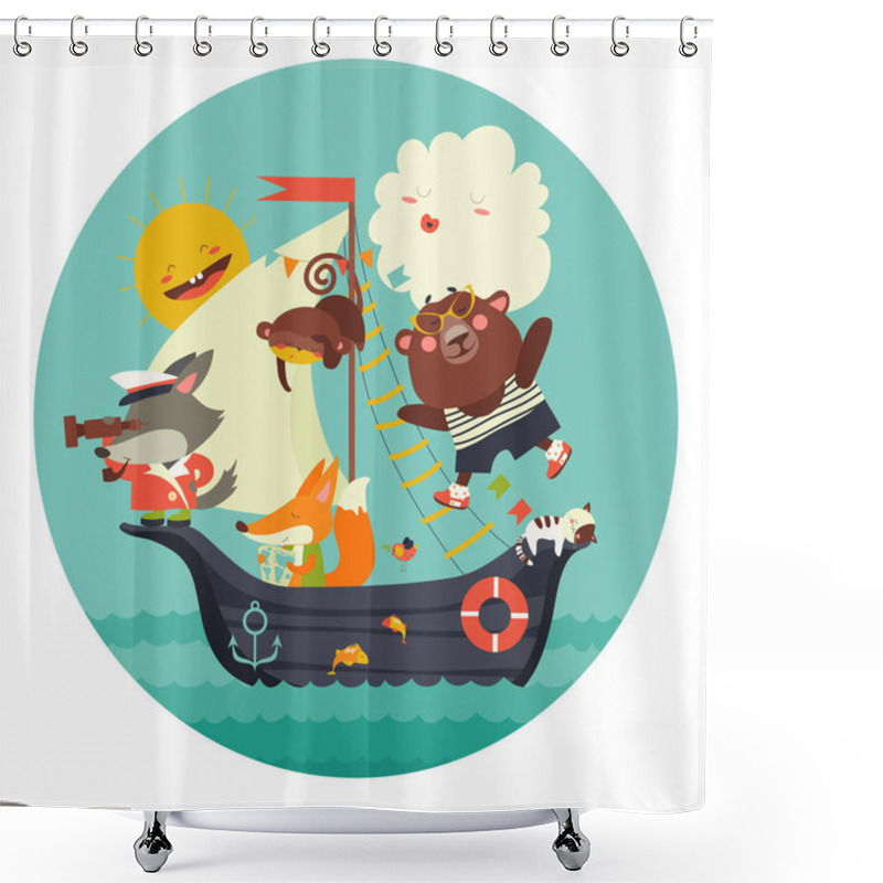 Personality  Cute Animals Travelling By Ship On Sea Shower Curtains