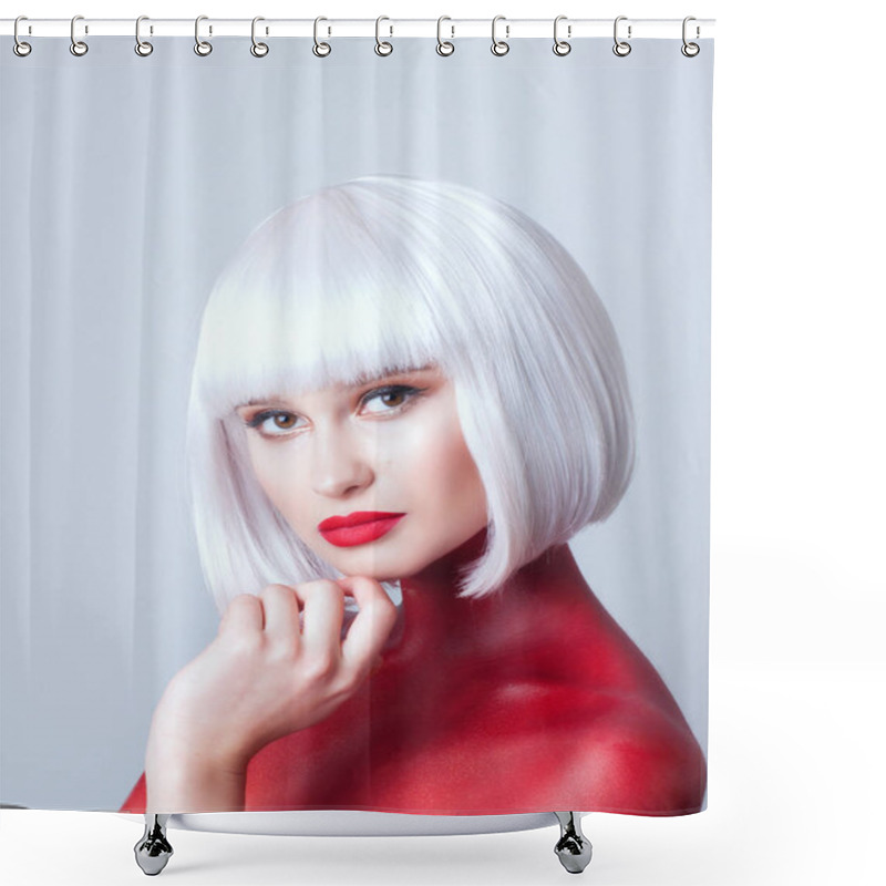 Personality  Portrait Of Young Beautiful Woman With White Hair Red Lips And Red Body-art On White Background Shower Curtains