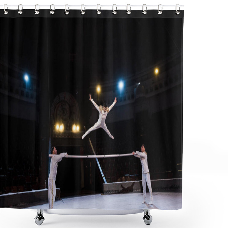 Personality  Gymnast With Outstretched Hands Jumping On Pole Near Acrobats In Circus Shower Curtains