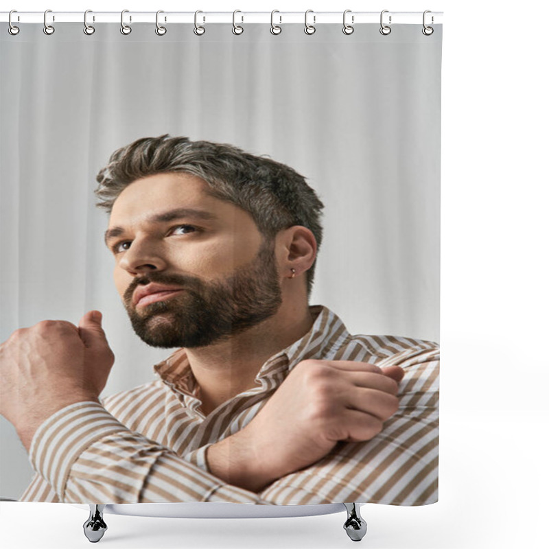 Personality  A Stylish Man With A Beard Poses Confidently In A Striped Shirt Against A Grey Background. Shower Curtains