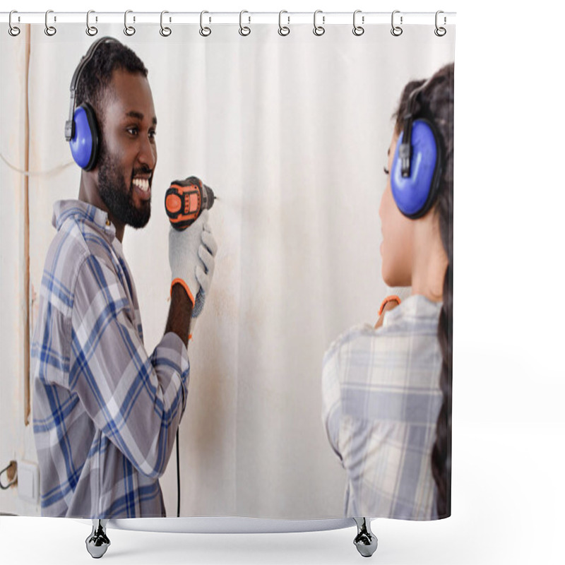 Personality  Happy Young Man Drilling Wall And Looking At Girlfriend While Making Renovation Of Home Shower Curtains