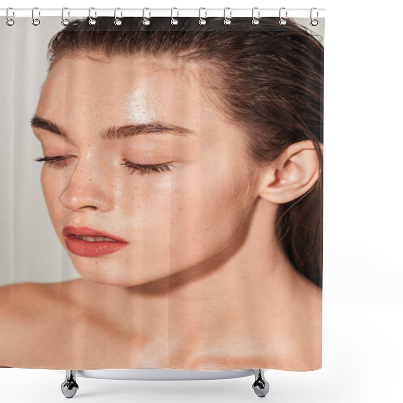 Personality  Beautiful Girl With Coral Lips And Wet Skin Posing Isolated On Grey Shower Curtains