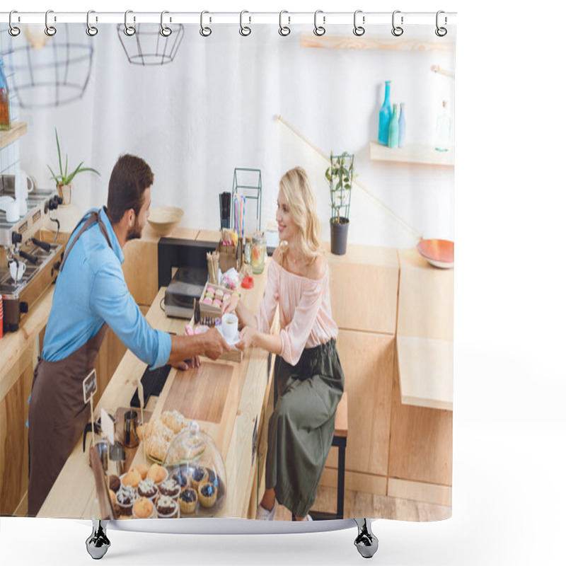 Personality  Barista Giving Coffee To Client  Shower Curtains