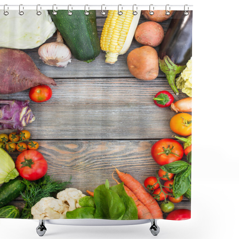 Personality  Vegetables On Wooden Table Shower Curtains