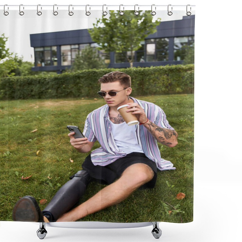 Personality  Young Man Relaxes On Grass, Sipping Coffee And Focused On His Phone While Wearing Sunglasses. Shower Curtains