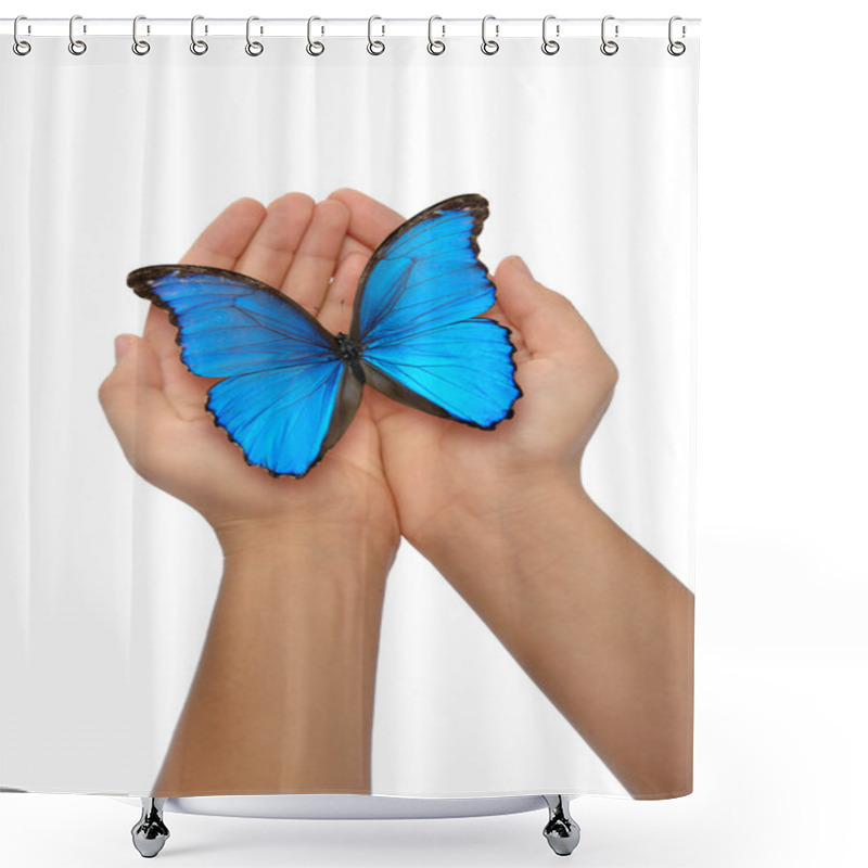 Personality  Hands Holding A Blue Butterfly Shower Curtains