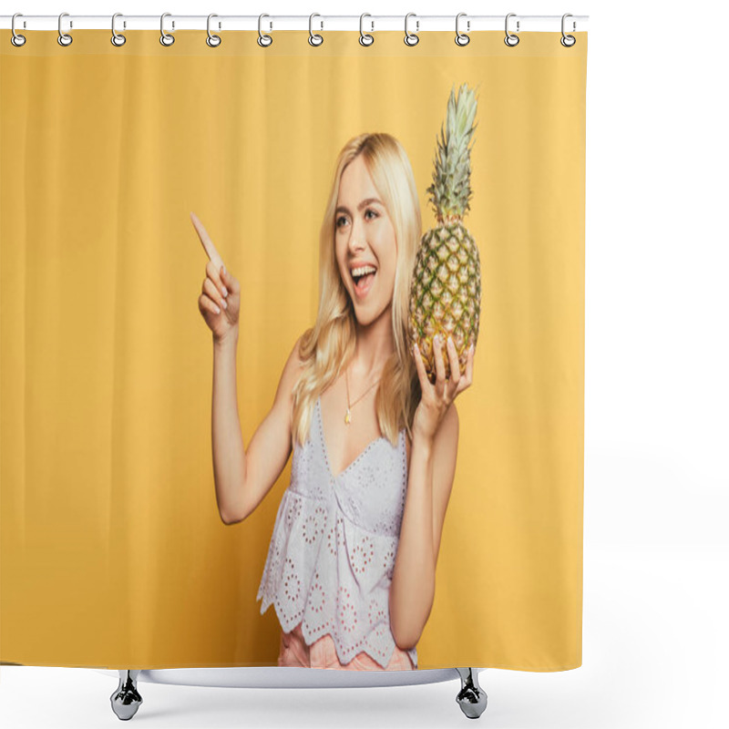 Personality  Cheerful Blonde Girl Holding Pineapple And Pointing With Finger On Yellow Background Shower Curtains