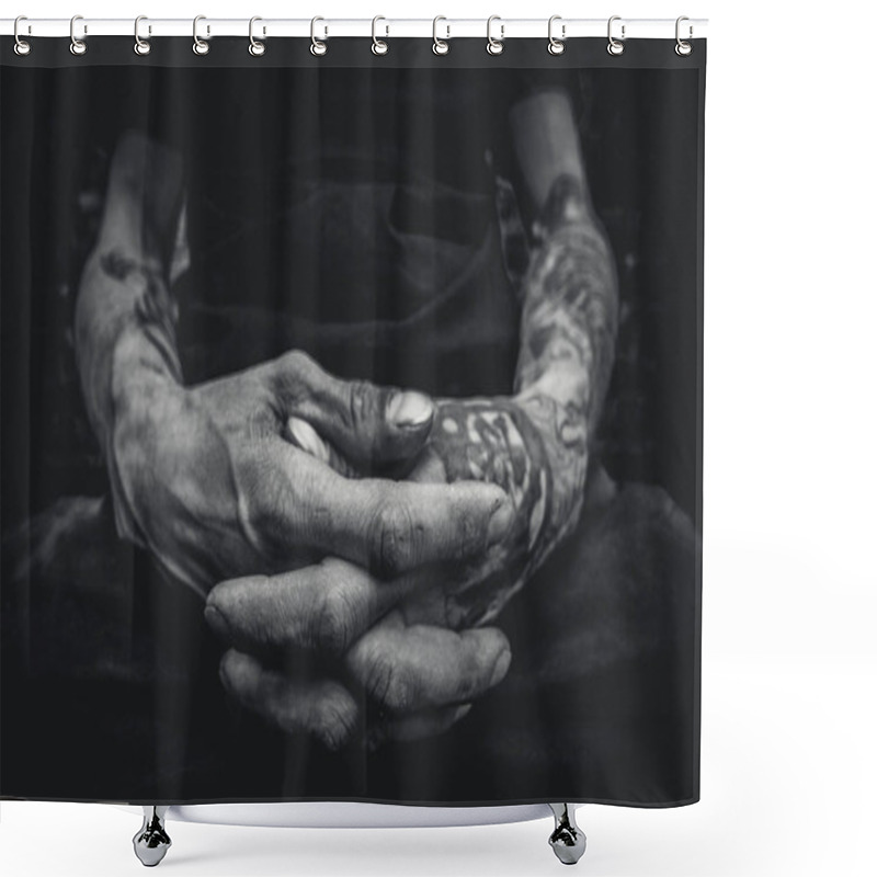 Personality  Close-up Of Male Muscular Arms With Tattoos In Black And White Shower Curtains