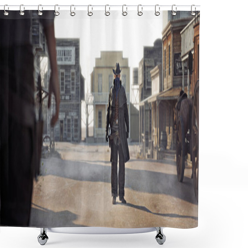 Personality  Western Outlaw Facing Off Against A Cowboy In A Classic Gunfight In The Center Of Town. 3d Rendering Shower Curtains