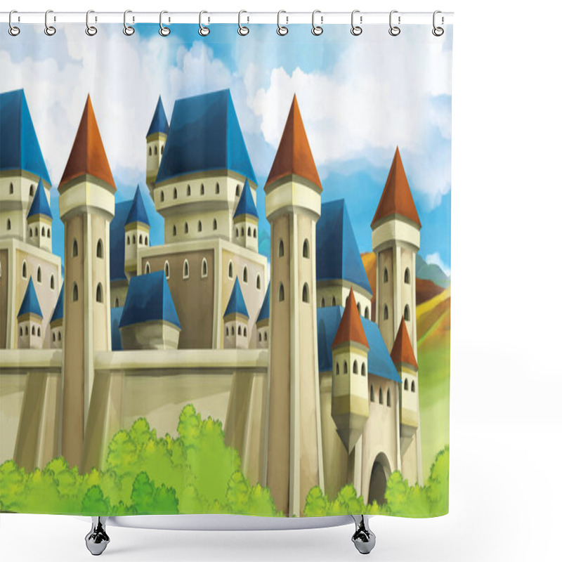 Personality  Cartoon Nature Scene With Castle In The Background Illustration For Children Shower Curtains