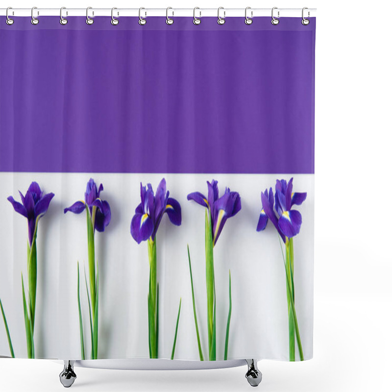 Personality  Top View Of Iris Flowers On Halved Iris And White Surface Shower Curtains