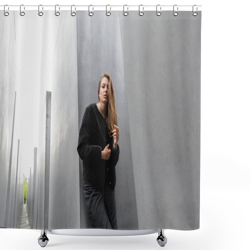 Personality  Trendy Young Woman In Jacket Standing Between Memorial To Murdered Jews Of Europe In Berlin Shower Curtains