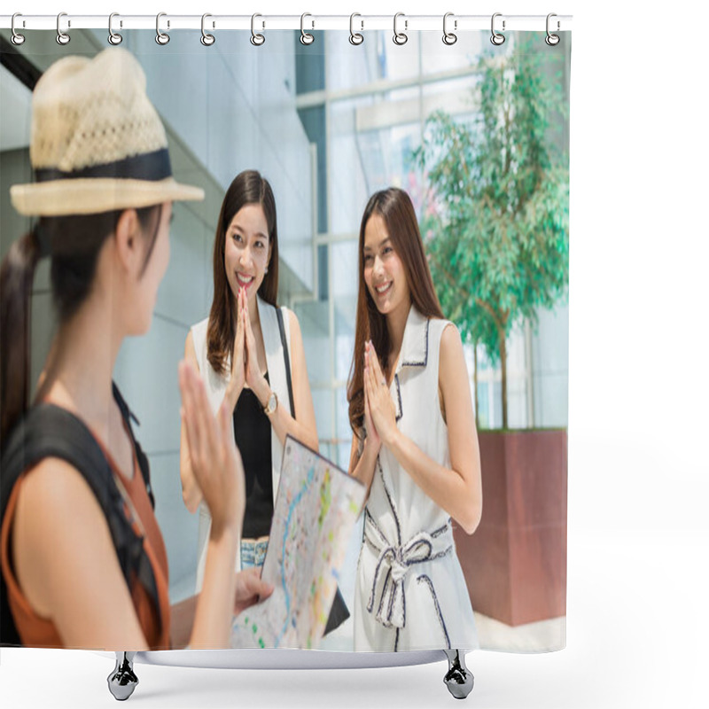 Personality  Woman Traveler With City Map Say Goodbye To The Local People Shower Curtains