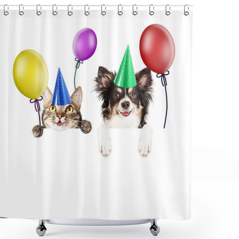 Personality  Party Cat And Dog Over White Banner Shower Curtains