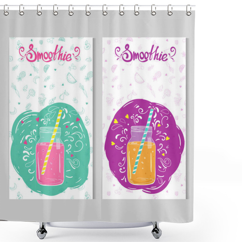 Personality  Two Card Templates With Doodle Style Jars With Smoothie  Shower Curtains