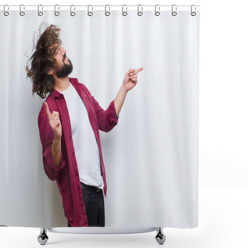 Personality  Young Man With Crazy Hair In Motion Dancing And Celebrating His Success Shower Curtains