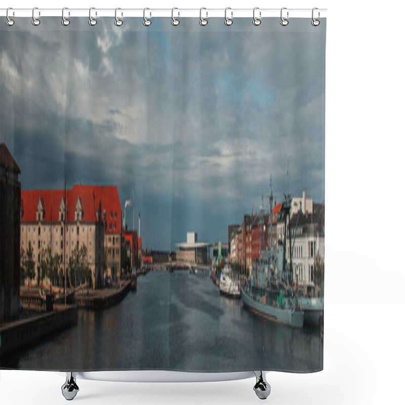 Personality  Horizontal Image Of Buildings Near Canal And Boats In Harbor With Cloudy Sky At Background In Copenhagen, Denmark  Shower Curtains