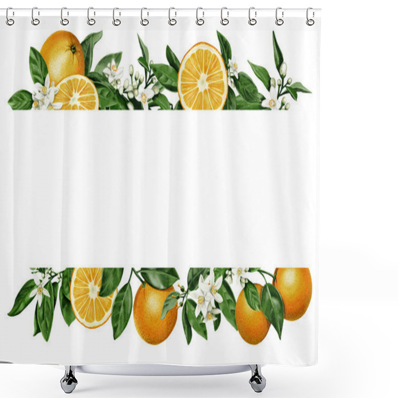 Personality  Frame Of Oranges. Juicy And Orange Fruits With Orange Blossom Leaves And Flowers. Citrus Border. Watercolor Illustration. No Background.  Shower Curtains