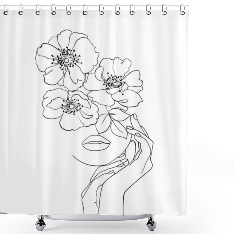 Personality  Beauty Face With Flowers Line Drawing Art. Beauty Salon Logo. Nature Symbol Of Cosmetics.- Vector Illustration Shower Curtains