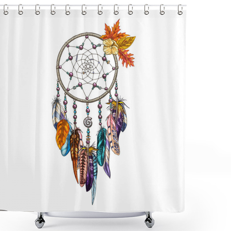 Personality  Hand Drawn Ornate Dreamcatcher With Feathers And Autumn Leaves. Magic Symbol, Ethnic Tribal Element. Vector Illustration Shower Curtains